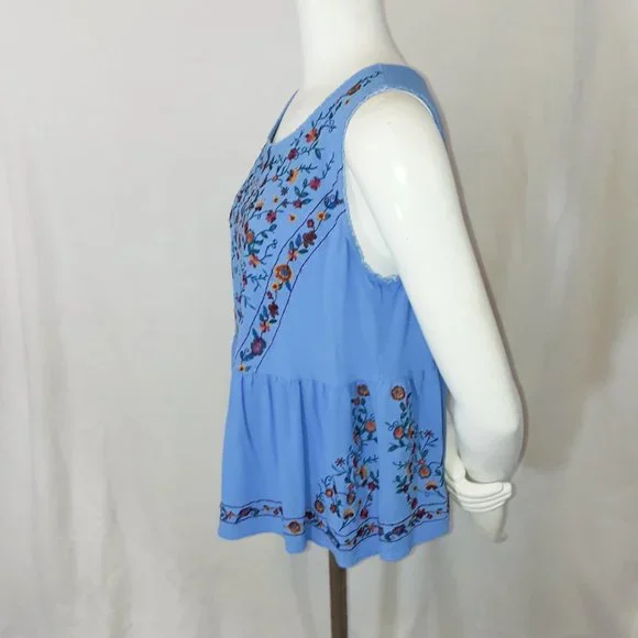 Vintage 90's Umgee Blue Floral Embroidered Flowy Peplum Sleeveless Crop Top M - Picture 7 of 13